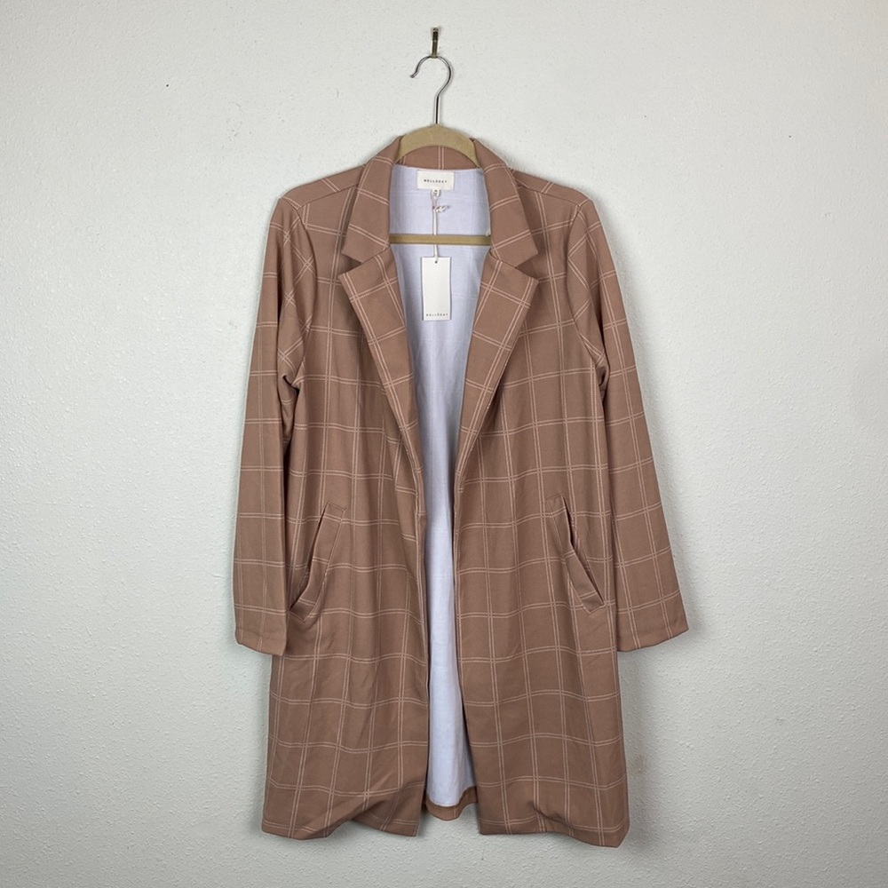 NWT Melloday | Tan Beige Check Plaid Long Blazer M